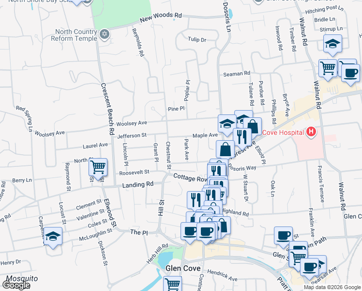 map of restaurants, bars, coffee shops, grocery stores, and more near 17 Park Avenue in Glen Cove