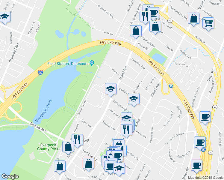 map of restaurants, bars, coffee shops, grocery stores, and more near 548 Grand Avenue in Leonia