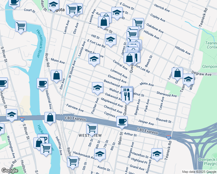 map of restaurants, bars, coffee shops, grocery stores, and more near 173 Walnut Avenue in Bogota
