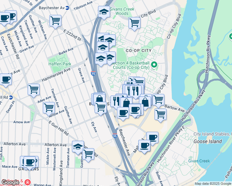 map of restaurants, bars, coffee shops, grocery stores, and more near 120 Aldrich Street in Bronx