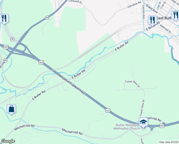 map of restaurants, bars, coffee shops, grocery stores, and more near 212 Rustic Ridge Lane in Butler