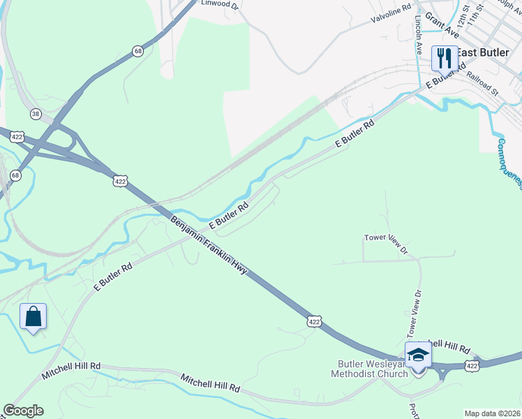 map of restaurants, bars, coffee shops, grocery stores, and more near 212 Rustic Ridge Lane in Butler