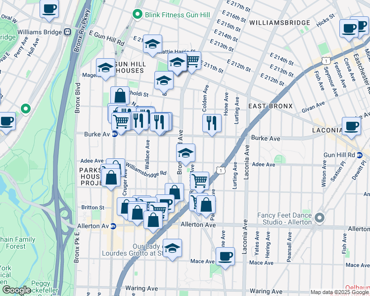 map of restaurants, bars, coffee shops, grocery stores, and more near 3032 Bronxwood Avenue in The Bronx