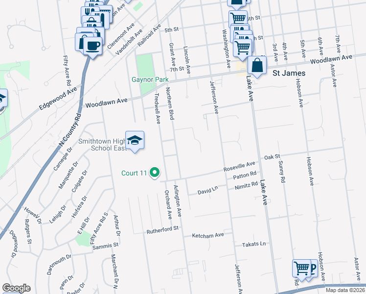 map of restaurants, bars, coffee shops, grocery stores, and more near 169 Northern Boulevard in Saint James