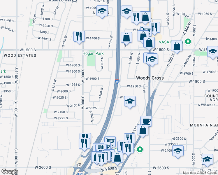 map of restaurants, bars, coffee shops, grocery stores, and more near 1954 Sorrento Drive in Woods Cross