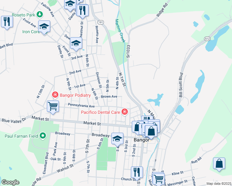 map of restaurants, bars, coffee shops, grocery stores, and more near 114 North 4th Street in Bangor