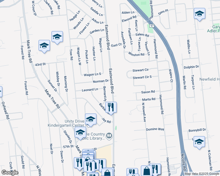 map of restaurants, bars, coffee shops, grocery stores, and more near 207 Eastwood Boulevard in Centereach
