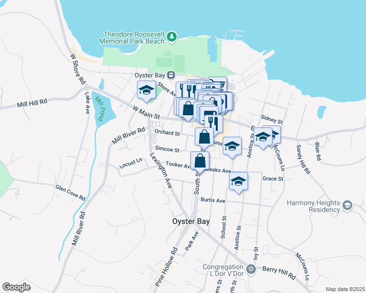 map of restaurants, bars, coffee shops, grocery stores, and more near 66 Simcoe Street in Oyster Bay