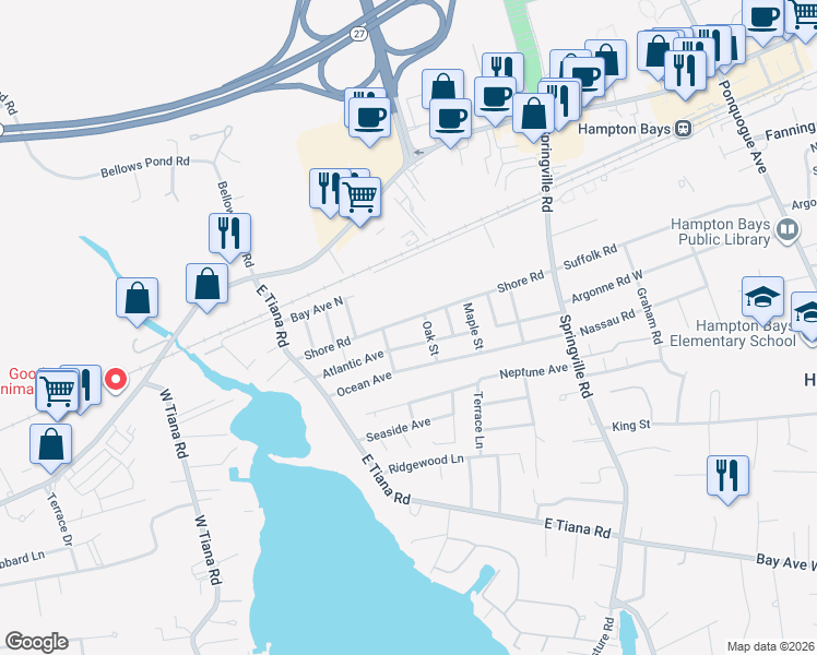 map of restaurants, bars, coffee shops, grocery stores, and more near 33 Shore Road in Hampton Bays