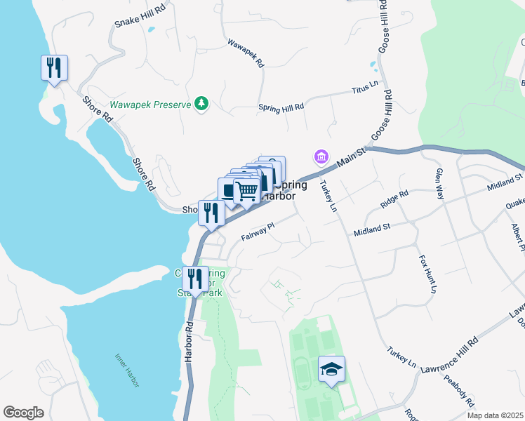 map of restaurants, bars, coffee shops, grocery stores, and more near 100 Main Street in Huntington