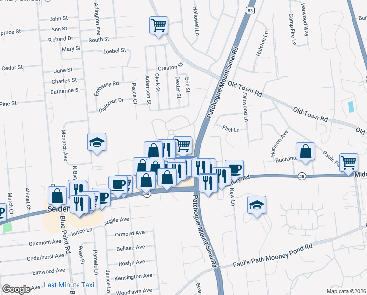 map of restaurants, bars, coffee shops, grocery stores, and more near 37 Freedom Lane in Coram