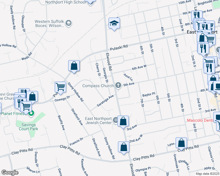 map of restaurants, bars, coffee shops, grocery stores, and more near 52 Georgia Street in East Northport
