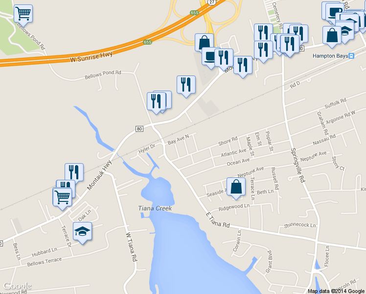 map of restaurants, bars, coffee shops, grocery stores, and more near 6 Vine St in Hampton Bays