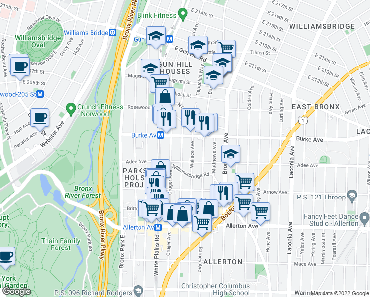 map of restaurants, bars, coffee shops, grocery stores, and more near 3027 Wallace Avenue in Bronx