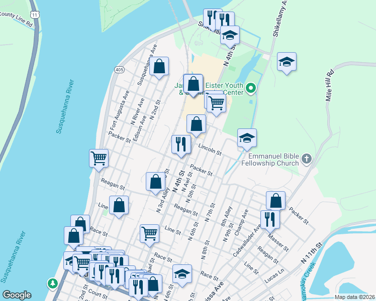 map of restaurants, bars, coffee shops, grocery stores, and more near 835 North 4th Street in Sunbury