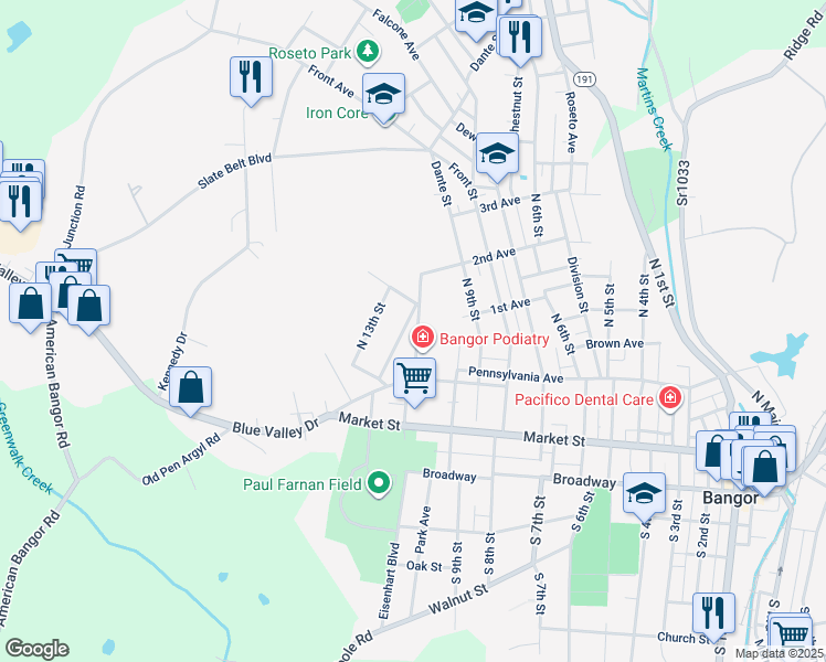 map of restaurants, bars, coffee shops, grocery stores, and more near 160 North 11th Street in Bangor