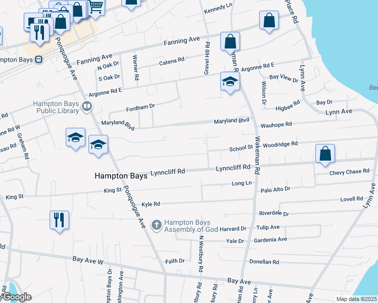 map of restaurants, bars, coffee shops, grocery stores, and more near 49 School Street in Hampton Bays