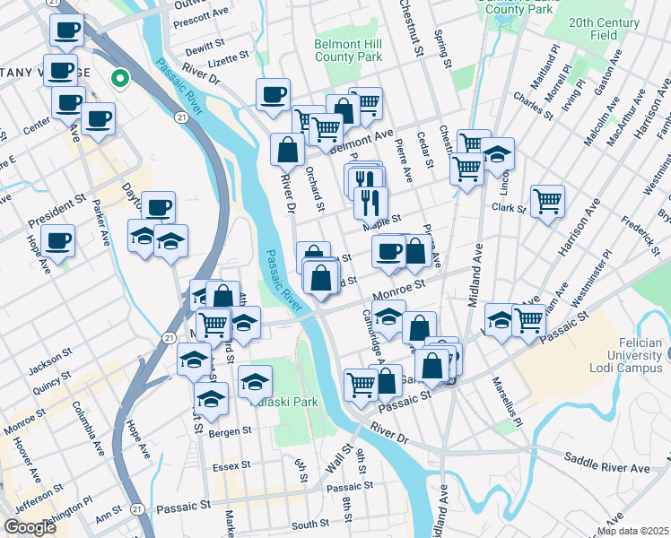 map of restaurants, bars, coffee shops, grocery stores, and more near 165 Cambridge Avenue in Garfield