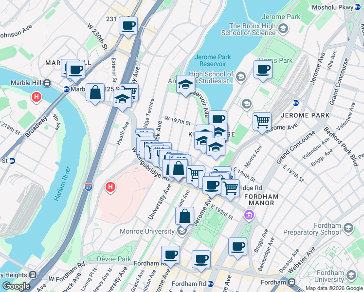 map of restaurants, bars, coffee shops, grocery stores, and more near 2760 Claflin Avenue in Bronx