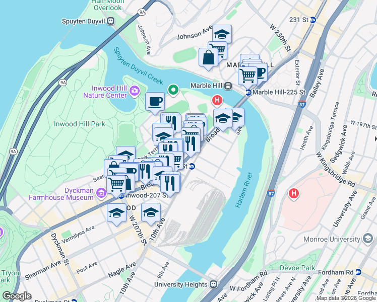 map of restaurants, bars, coffee shops, grocery stores, and more near 5065 Broadway in New York