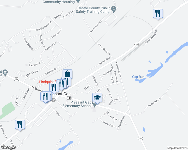 map of restaurants, bars, coffee shops, grocery stores, and more near 111 Middle Street in Pleasant Gap