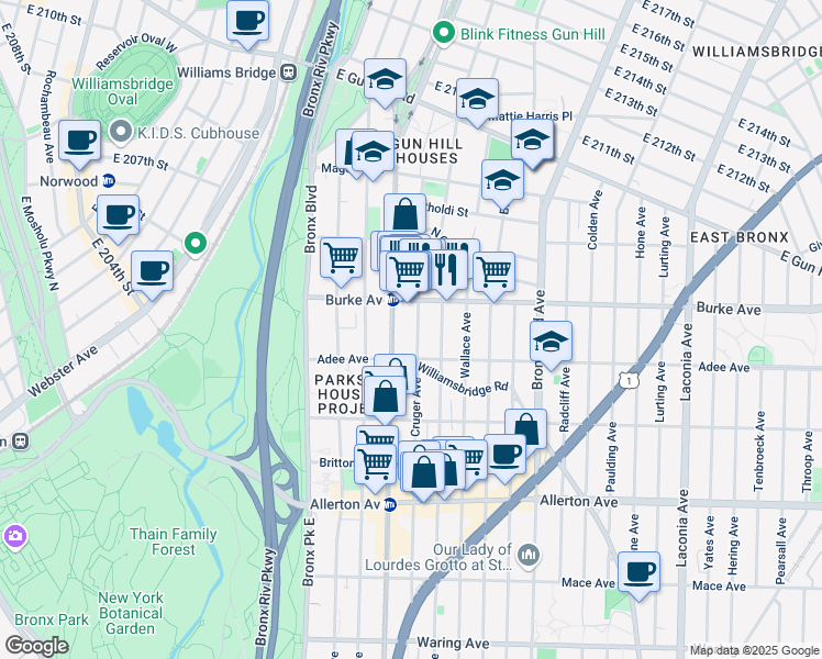 map of restaurants, bars, coffee shops, grocery stores, and more near 3032 Cruger Avenue in Bronx