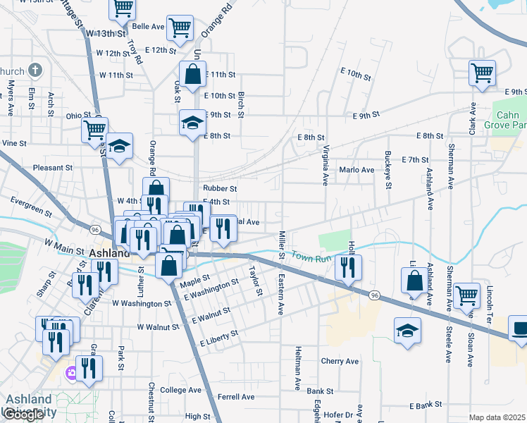 map of restaurants, bars, coffee shops, grocery stores, and more near 332 Jennings Avenue in Ashland