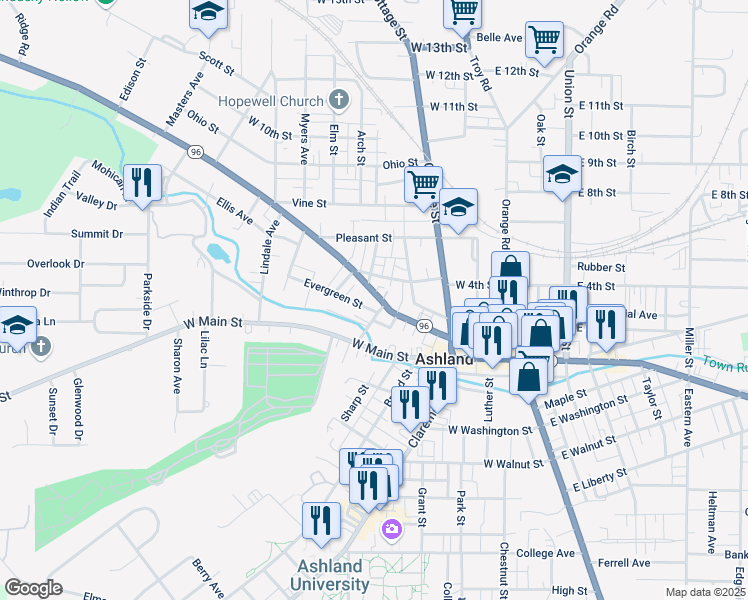 map of restaurants, bars, coffee shops, grocery stores, and more near 411 Sandusky Street in Ashland