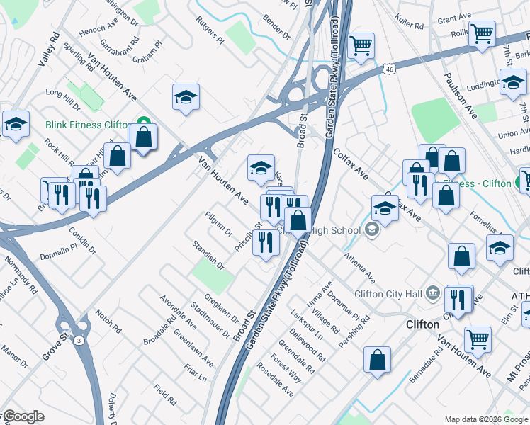 map of restaurants, bars, coffee shops, grocery stores, and more near 1250 Van Houten Avenue in Clifton