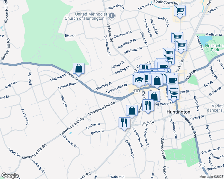 map of restaurants, bars, coffee shops, grocery stores, and more near 47 Nathan Hale Drive in Huntington