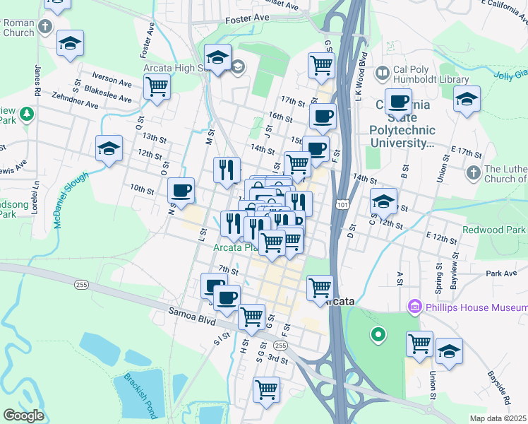map of restaurants, bars, coffee shops, grocery stores, and more near 1061 I St in Arcata