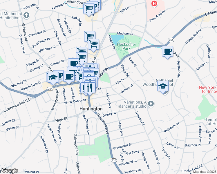 map of restaurants, bars, coffee shops, grocery stores, and more near 7 Elm Street in Huntington