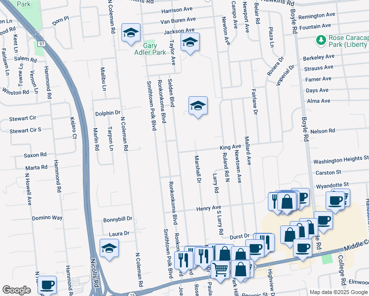 map of restaurants, bars, coffee shops, grocery stores, and more near 17 King Avenue in Selden
