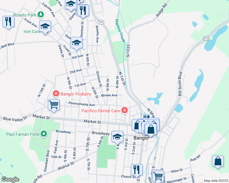 map of restaurants, bars, coffee shops, grocery stores, and more near 220 North 4th Street in Bangor