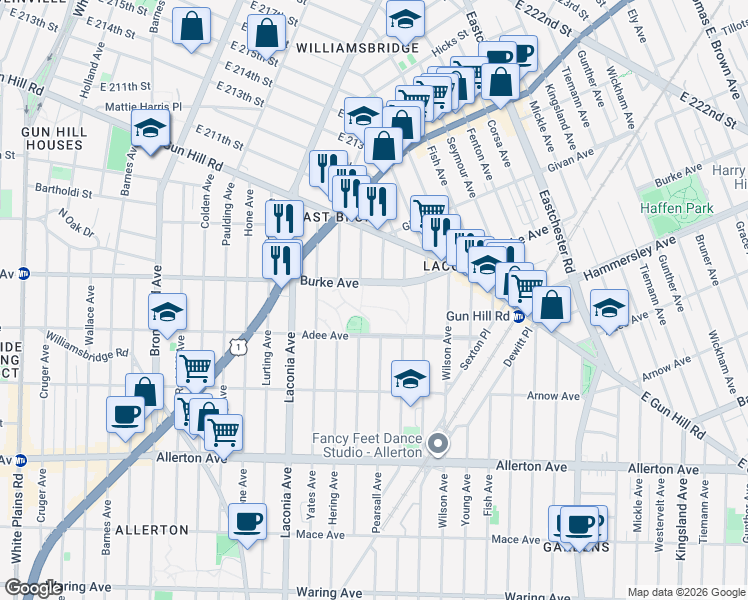 map of restaurants, bars, coffee shops, grocery stores, and more near 1216 Burke Avenue in The Bronx