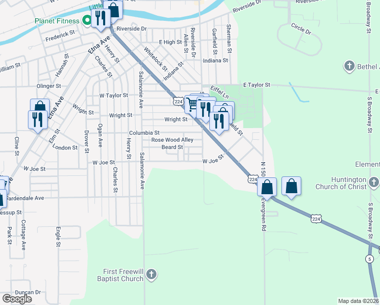 map of restaurants, bars, coffee shops, grocery stores, and more near 262-298 Rosewood Alley in Huntington