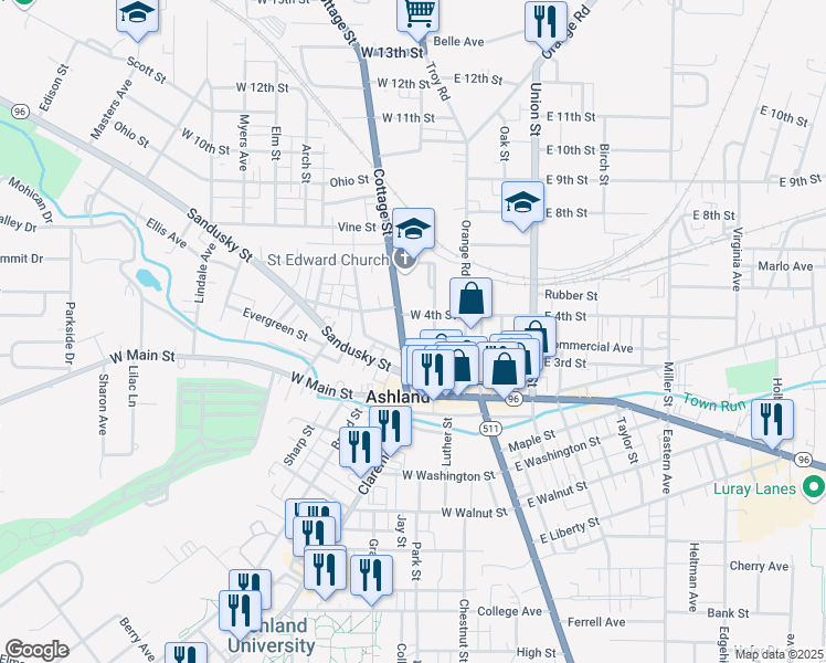map of restaurants, bars, coffee shops, grocery stores, and more near 345 Cottage Street in Ashland