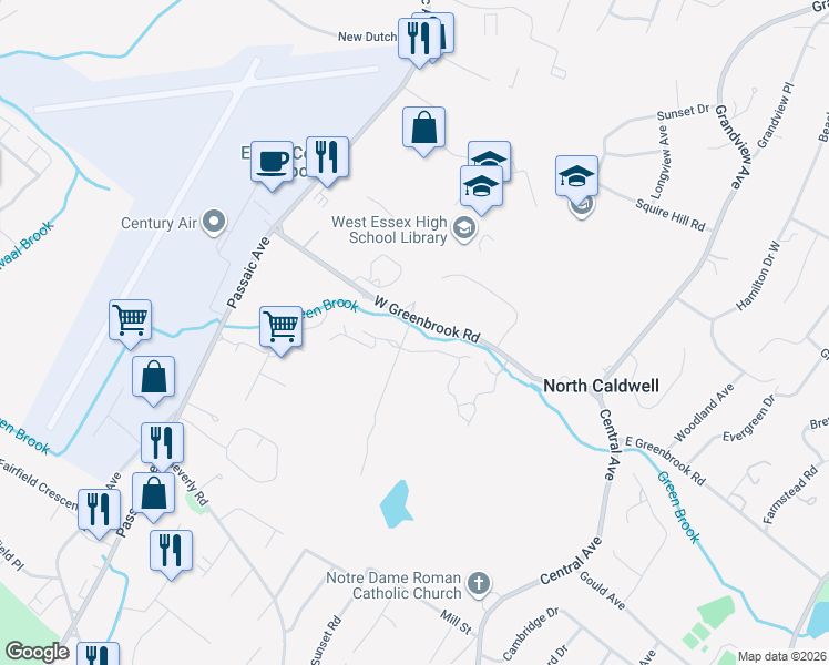 map of restaurants, bars, coffee shops, grocery stores, and more near 6 Old Mill Road in North Caldwell