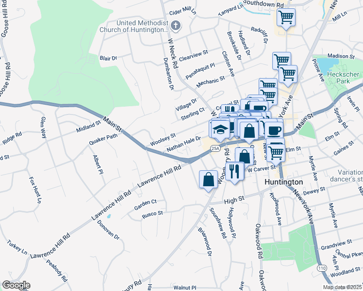 map of restaurants, bars, coffee shops, grocery stores, and more near 34 Nathan Hale Drive in Huntington