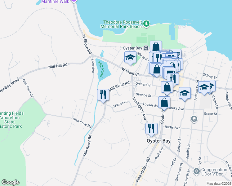 map of restaurants, bars, coffee shops, grocery stores, and more near 8 Harbour Lane in Oyster Bay