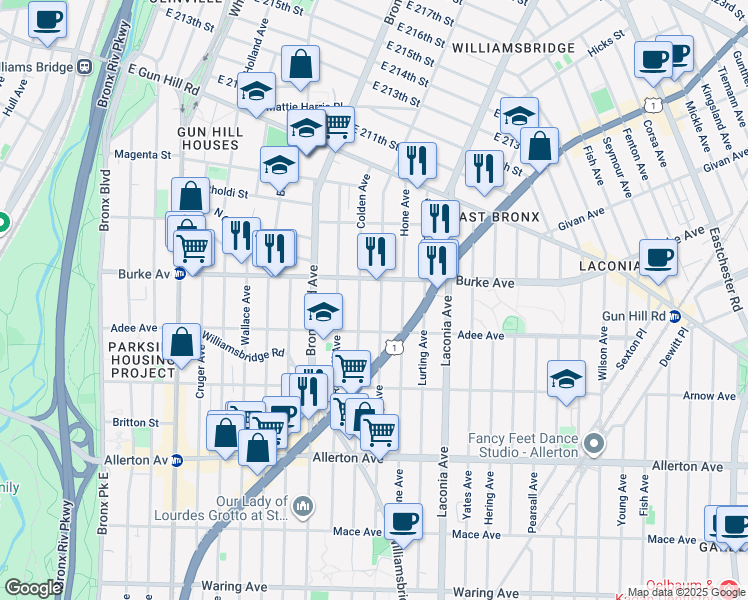 map of restaurants, bars, coffee shops, grocery stores, and more near 3030 Paulding Avenue in Bronx