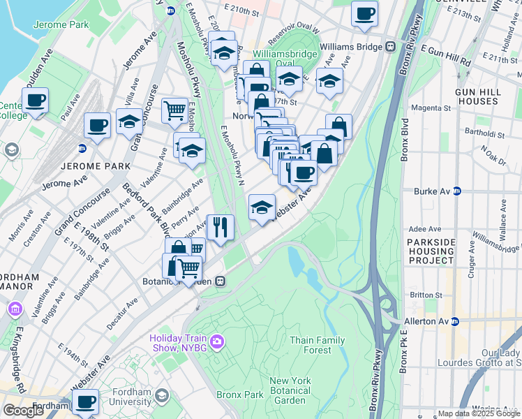 map of restaurants, bars, coffee shops, grocery stores, and more near 3044 Decatur Avenue in Bronx