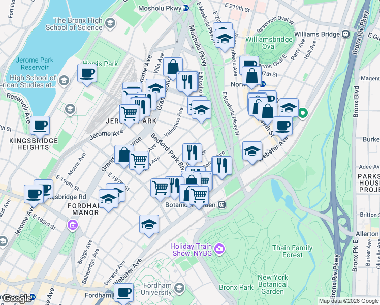 map of restaurants, bars, coffee shops, grocery stores, and more near 2979 Perry Avenue in The Bronx