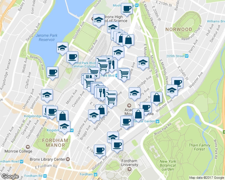 map of restaurants, bars, coffee shops, grocery stores, and more near in The Bronx