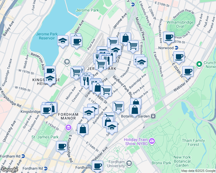 map of restaurants, bars, coffee shops, grocery stores, and more near in The Bronx