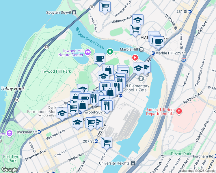 map of restaurants, bars, coffee shops, grocery stores, and more near 55 Park Terrace East in New York