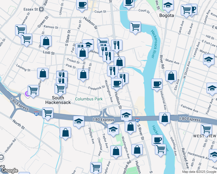 map of restaurants, bars, coffee shops, grocery stores, and more near 260 Washington Avenue in Hackensack