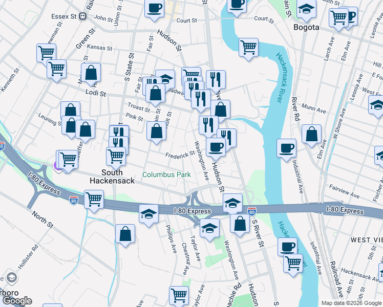 map of restaurants, bars, coffee shops, grocery stores, and more near 247B Jackson Avenue in Hackensack