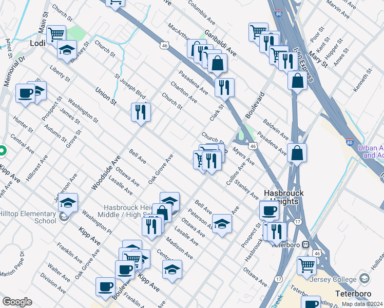 map of restaurants, bars, coffee shops, grocery stores, and more near 25 Hoehn Street in Lodi