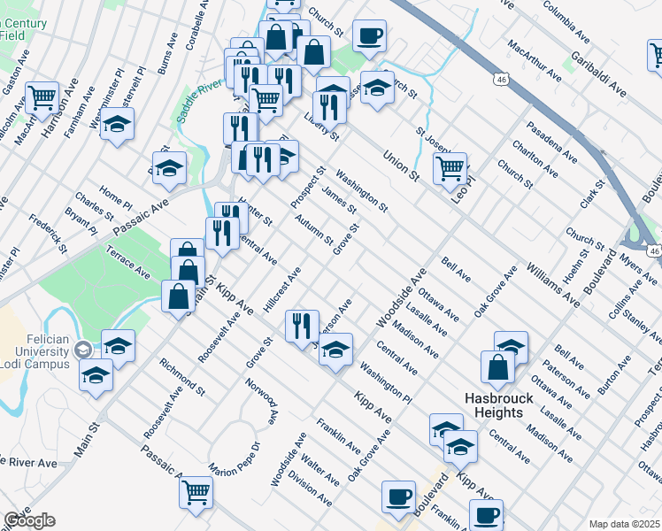 map of restaurants, bars, coffee shops, grocery stores, and more near 104 Grove Street in Lodi